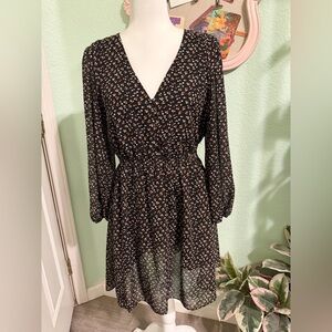 Nordstrom Black Floral Wrap-Style Long Sleeve Dress